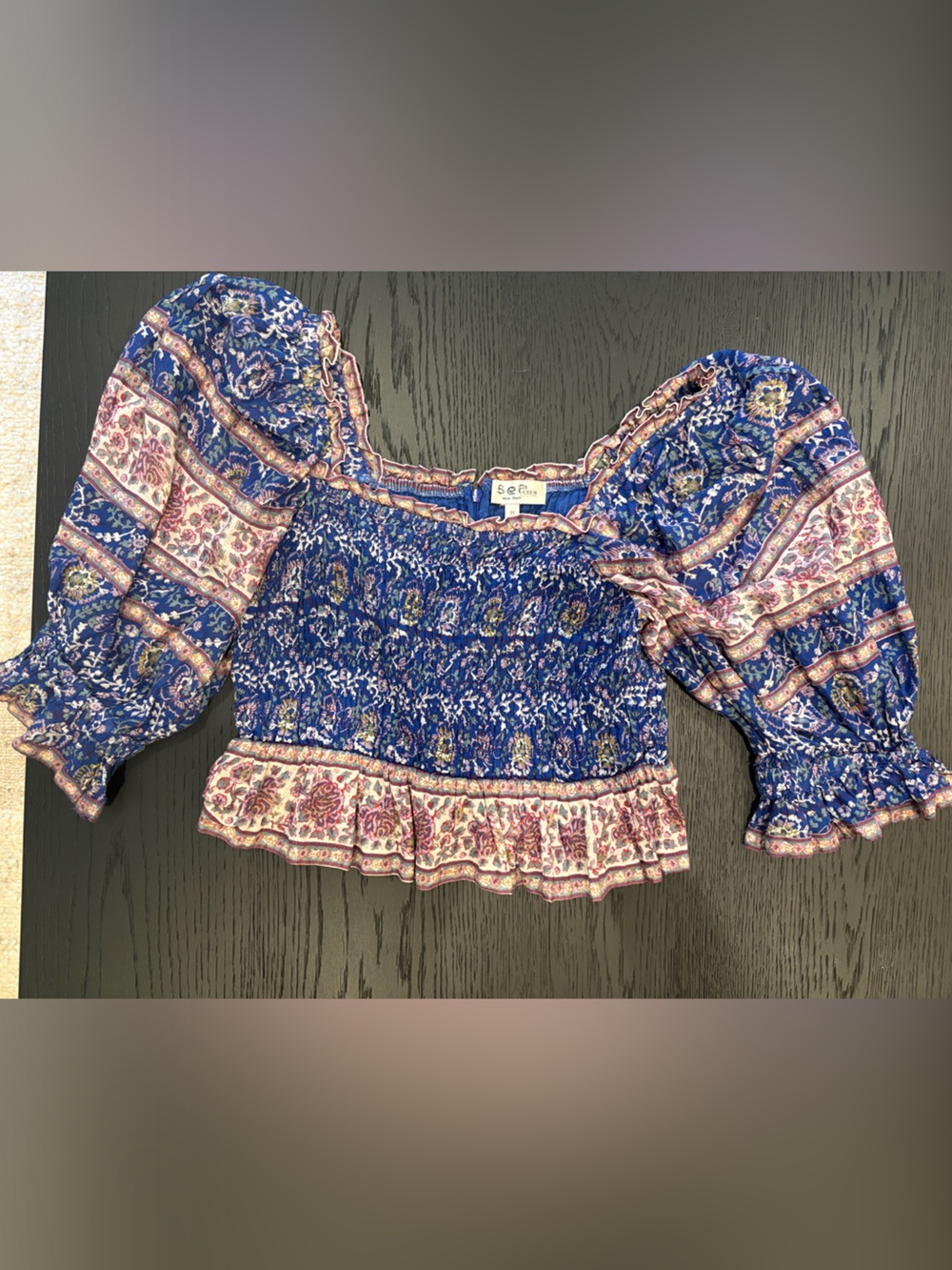 Sea NY Blue Floral Puff-Sleeve Off The Shoulder Smocked Top size M